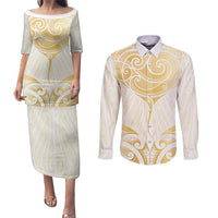 Gold White New Zealand Manta Ray Couples Matching Puletasi and Long Sleeve Button Shirt Aotearoa Maori Haehae LT14 White - Polynesian Pride