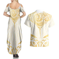 Gold White New Zealand Manta Ray Couples Matching Summer Maxi Dress and Hawaiian Shirt Aotearoa Maori Haehae LT14 - Polynesian Pride