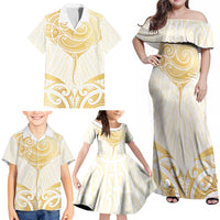 Gold White New Zealand Manta Ray Family Matching Off Shoulder Maxi Dress and Hawaiian Shirt Aotearoa Maori Haehae LT14 - Polynesian Pride