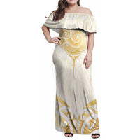 Gold White New Zealand Manta Ray Family Matching Off Shoulder Maxi Dress and Hawaiian Shirt Aotearoa Maori Haehae LT14 Mom's Dress White - Polynesian Pride