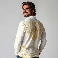 Gold White New Zealand Manta Ray Long Sleeve Polo Shirt Aotearoa Maori Haehae LT14 - Polynesian Pride