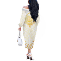 Gold White New Zealand Manta Ray Off The Shoulder Long Sleeve Dress Aotearoa Maori Haehae LT14 - Polynesian Pride