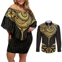 Gold Black New Zealand Manta Ray Couples Matching Off Shoulder Short Dress and Long Sleeve Button Shirt Aotearoa Maori Haehae LT14 Black - Polynesian Pride