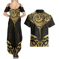 Gold Black New Zealand Manta Ray Couples Matching Summer Maxi Dress and Hawaiian Shirt Aotearoa Maori Haehae LT14 - Polynesian Pride