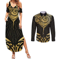 Gold Black New Zealand Manta Ray Couples Matching Summer Maxi Dress and Long Sleeve Button Shirt Aotearoa Maori Haehae LT14 Black - Polynesian Pride