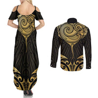 Gold Black New Zealand Manta Ray Couples Matching Summer Maxi Dress and Long Sleeve Button Shirt Aotearoa Maori Haehae LT14 - Polynesian Pride
