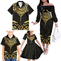 Gold Black New Zealand Manta Ray Family Matching Off The Shoulder Long Sleeve Dress and Hawaiian Shirt Aotearoa Maori Haehae LT14 - Polynesian Pride