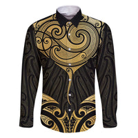 Gold Black New Zealand Manta Ray Family Matching Off The Shoulder Long Sleeve Dress and Hawaiian Shirt Aotearoa Maori Haehae LT14 Dad's Shirt - Long Sleeve Black - Polynesian Pride