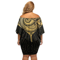Gold Black New Zealand Manta Ray Family Matching Off Shoulder Short Dress and Hawaiian Shirt Aotearoa Maori Haehae LT14 - Polynesian Pride