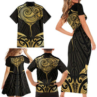 Gold Black New Zealand Manta Ray Family Matching Short Sleeve Bodycon Dress and Hawaiian Shirt Aotearoa Maori Haehae LT14 - Polynesian Pride