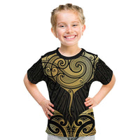 Gold Black New Zealand Manta Ray Kid T Shirt Aotearoa Maori Haehae LT14 Black - Polynesian Pride