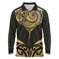 Gold Black New Zealand Manta Ray Long Sleeve Polo Shirt Aotearoa Maori Haehae LT14 Black - Polynesian Pride