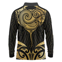 Gold Black New Zealand Manta Ray Long Sleeve Polo Shirt Aotearoa Maori Haehae LT14 - Polynesian Pride