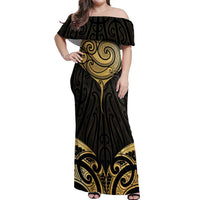 Gold Black New Zealand Manta Ray Off Shoulder Maxi Dress Aotearoa Maori Haehae LT14 Women Black - Polynesian Pride