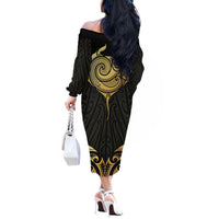 Gold Black New Zealand Manta Ray Off The Shoulder Long Sleeve Dress Aotearoa Maori Haehae LT14 - Polynesian Pride