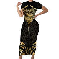 Gold Black New Zealand Manta Ray Short Sleeve Bodycon Dress Aotearoa Maori Haehae LT14 Long Dress Black - Polynesian Pride