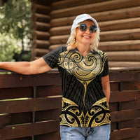 Gold Black New Zealand Manta Ray Women Polo Shirt Aotearoa Maori Haehae LT14 - Polynesian Pride