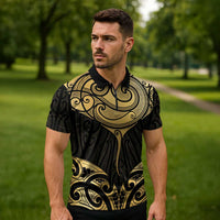 Gold Black New Zealand Manta Ray Zipper Polo Shirt Aotearoa Maori Haehae LT14 - Polynesian Pride