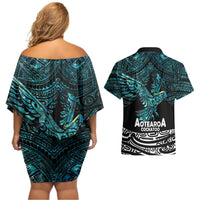 New Zealand Sulphur-crested Cockatoo Couples Matching Off Shoulder Short Dress and Hawaiian Shirt Aotearoa Maori Mix Paua Shell LT14 - Polynesian Pride