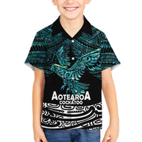 New Zealand Sulphur-crested Cockatoo Family Matching Off The Shoulder Long Sleeve Dress and Hawaiian Shirt Aotearoa Maori Mix Paua Shell LT14 Son's Shirt Turquoise - Polynesian Pride