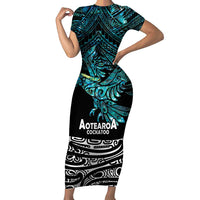 New Zealand Sulphur-crested Cockatoo Short Sleeve Bodycon Dress Aotearoa Maori Mix Paua Shell LT14 Long Dress Turquoise - Polynesian Pride