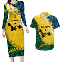 Malampa Province Couples Matching Long Sleeve Bodycon Dress and Hawaiian Shirt Vanuatu Map - Plumeria Flag Color LT14 Yellow - Polynesian Pride