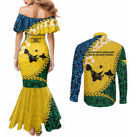 Malampa Province Couples Matching Mermaid Dress and Long Sleeve Button Shirt Vanuatu Map - Plumeria Flag Color LT14 - Polynesian Pride