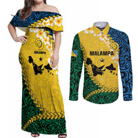 Malampa Province Couples Matching Off Shoulder Maxi Dress and Long Sleeve Button Shirt Vanuatu Map - Plumeria Flag Color LT14 Yellow - Polynesian Pride