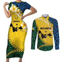 Malampa Province Couples Matching Short Sleeve Bodycon Dress and Long Sleeve Button Shirt Vanuatu Map - Plumeria Flag Color LT14 Yellow - Polynesian Pride