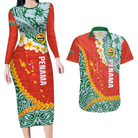 Penama Province Couples Matching Long Sleeve Bodycon Dress and Hawaiian Shirt Vanuatu Map - Plumeria Flag Color LT14 Red - Polynesian Pride