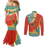 Penama Province Couples Matching Mermaid Dress and Long Sleeve Button Shirt Vanuatu Map - Plumeria Flag Color LT14 - Polynesian Pride