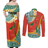 Penama Province Couples Matching Off Shoulder Maxi Dress and Long Sleeve Button Shirt Vanuatu Map - Plumeria Flag Color LT14 - Polynesian Pride