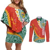 Penama Province Couples Matching Off Shoulder Short Dress and Long Sleeve Button Shirt Vanuatu Map - Plumeria Flag Color LT14 Red - Polynesian Pride