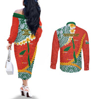 Penama Province Couples Matching Off The Shoulder Long Sleeve Dress and Long Sleeve Button Shirt Vanuatu Map - Plumeria Flag Color LT14 - Polynesian Pride