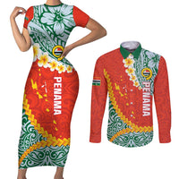 Penama Province Couples Matching Short Sleeve Bodycon Dress and Long Sleeve Button Shirt Vanuatu Map - Plumeria Flag Color LT14 Red - Polynesian Pride