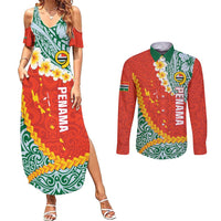 Penama Province Couples Matching Summer Maxi Dress and Long Sleeve Button Shirt Vanuatu Map - Plumeria Flag Color LT14 Red - Polynesian Pride