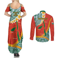 Penama Province Couples Matching Summer Maxi Dress and Long Sleeve Button Shirt Vanuatu Map - Plumeria Flag Color LT14 - Polynesian Pride