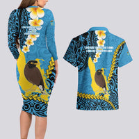 Sanma Province Couples Matching Long Sleeve Bodycon Dress and Hawaiian Shirt Vanuatu Pattern Myna Bird - Plumeria Flag Color LT14 - Polynesian Pride