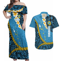 Sanma Province Couples Matching Off Shoulder Maxi Dress and Hawaiian Shirt Vanuatu Pattern Myna Bird - Plumeria Flag Color LT14 Blue - Polynesian Pride