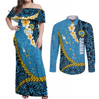 Sanma Province Couples Matching Off Shoulder Maxi Dress and Long Sleeve Button Shirt Vanuatu Pattern Myna Bird - Plumeria Flag Color LT14 Blue - Polynesian Pride