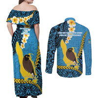 Sanma Province Couples Matching Off Shoulder Maxi Dress and Long Sleeve Button Shirt Vanuatu Pattern Myna Bird - Plumeria Flag Color LT14 - Polynesian Pride