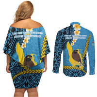 Sanma Province Couples Matching Off Shoulder Short Dress and Long Sleeve Button Shirt Vanuatu Pattern Myna Bird - Plumeria Flag Color LT14 - Polynesian Pride
