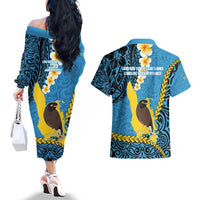Sanma Province Couples Matching Off The Shoulder Long Sleeve Dress and Hawaiian Shirt Vanuatu Pattern Myna Bird - Plumeria Flag Color LT14 - Polynesian Pride