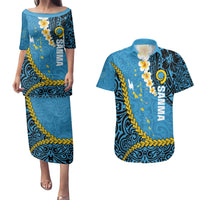 Sanma Province Couples Matching Puletasi and Hawaiian Shirt Vanuatu Pattern Myna Bird - Plumeria Flag Color LT14 Blue - Polynesian Pride