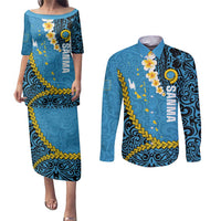 Sanma Province Couples Matching Puletasi and Long Sleeve Button Shirt Vanuatu Pattern Myna Bird - Plumeria Flag Color LT14 Blue - Polynesian Pride