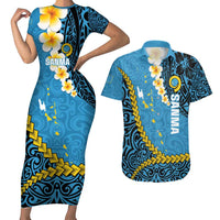 Sanma Province Couples Matching Short Sleeve Bodycon Dress and Hawaiian Shirt Vanuatu Pattern Myna Bird - Plumeria Flag Color LT14 Blue - Polynesian Pride