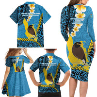 Sanma Province Family Matching Long Sleeve Bodycon Dress and Hawaiian Shirt Vanuatu Pattern Myna Bird - Plumeria Flag Color LT14 - Polynesian Pride