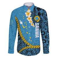 Sanma Province Family Matching Off Shoulder Maxi Dress and Hawaiian Shirt Vanuatu Pattern Myna Bird - Plumeria Flag Color LT14 Dad's Shirt - Long Sleeve Blue - Polynesian Pride