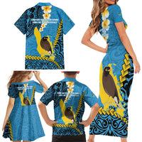 Sanma Province Family Matching Short Sleeve Bodycon Dress and Hawaiian Shirt Vanuatu Pattern Myna Bird - Plumeria Flag Color LT14 - Polynesian Pride