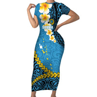 Sanma Province Short Sleeve Bodycon Dress Vanuatu Pattern Myna Bird - Plumeria Flag Color LT14 Long Dress Blue - Polynesian Pride